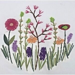 Flower Garden Hand Embroidered Square 12"  x 11"  Unframed